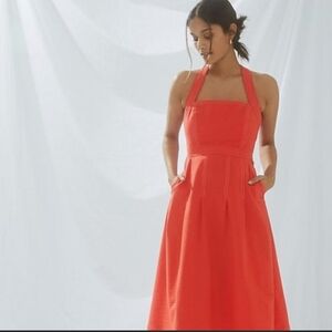 Anthropologie Maeve Alessandra Square Neck Cross Back Midi pocket dress Orange S